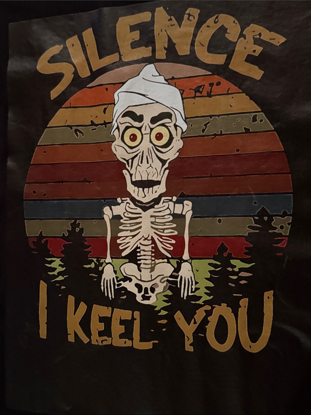 Black Tee with Vintage Skeleton Sunset Graphic